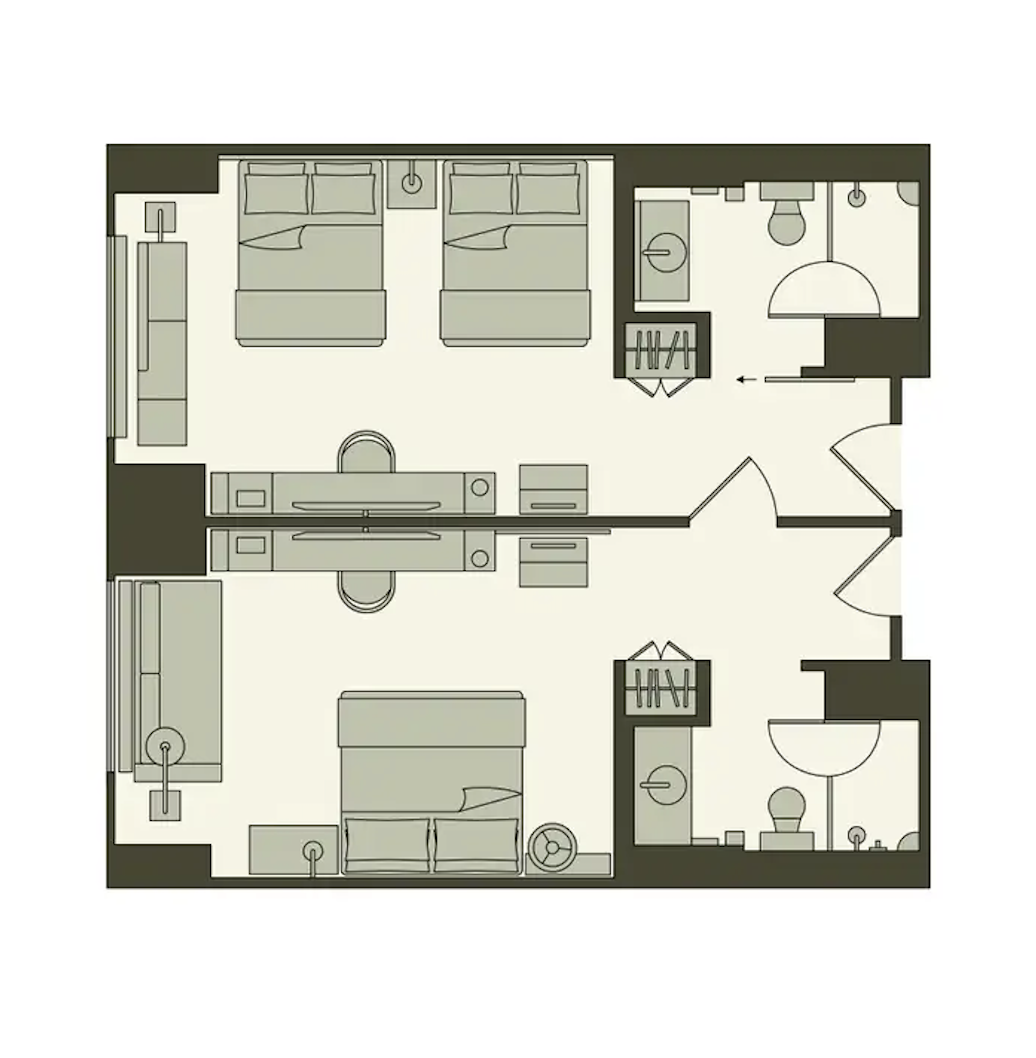 Floor plan of connecting waterfront rooms: a king room and a two-queen room