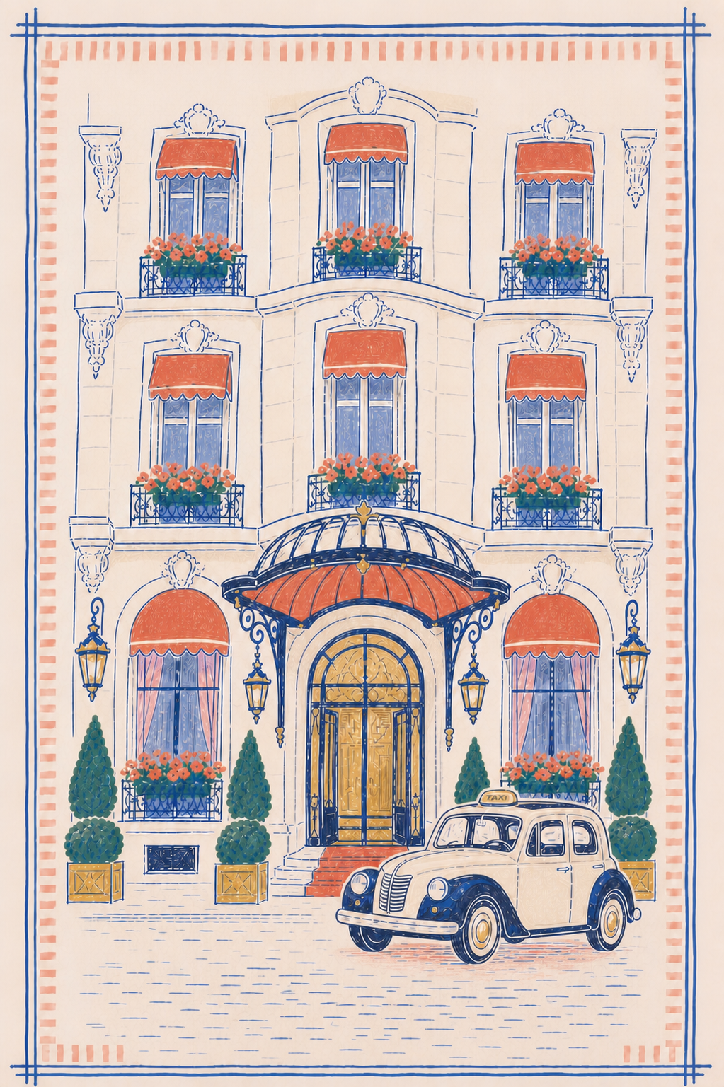 Hand-drawn sketch of a Paris hotel facade