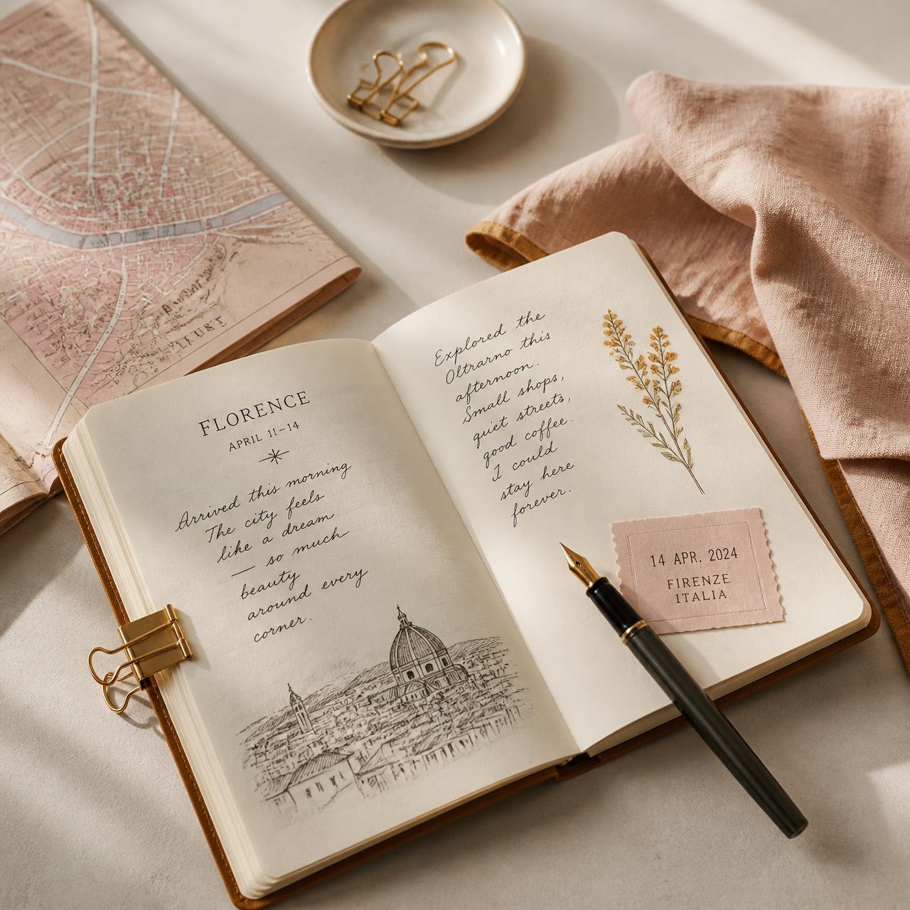 A travel notebook, pen and folded map on a linen surface